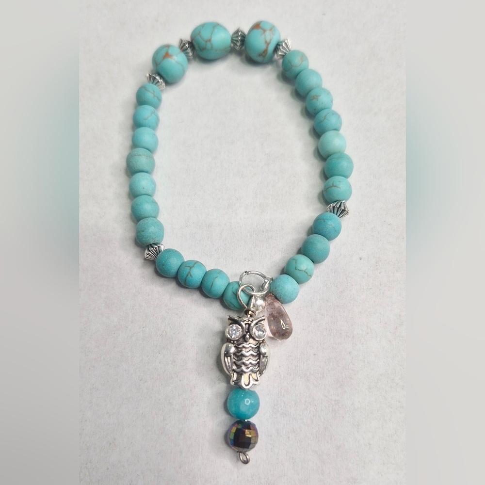 🚨Vintage Boho Turquoise Beaded Owl Charm Bracelet (Natural Stone Beads)